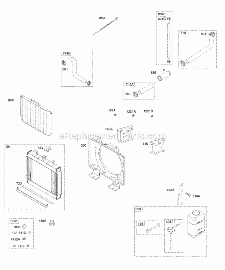 Radiator Shroud Radiator Hoses Diagram and Parts List for 613177-0114-E1  Briggs and Stratton Engine